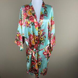 Kimono Sleeve Robe One Size Up to XL Mint Green with Pink and Yellow Floral